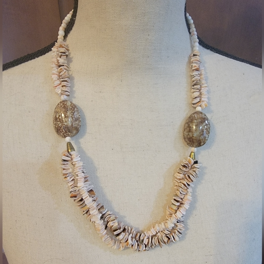 Pink Shell Chip Necklace Large Oval Shell Beads Boho Coastal 24”
